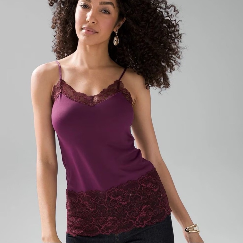 WHBM Burgundy Wide Lace Trimmed V Neck Cami Adjustable Straps XL $40 EUC KL